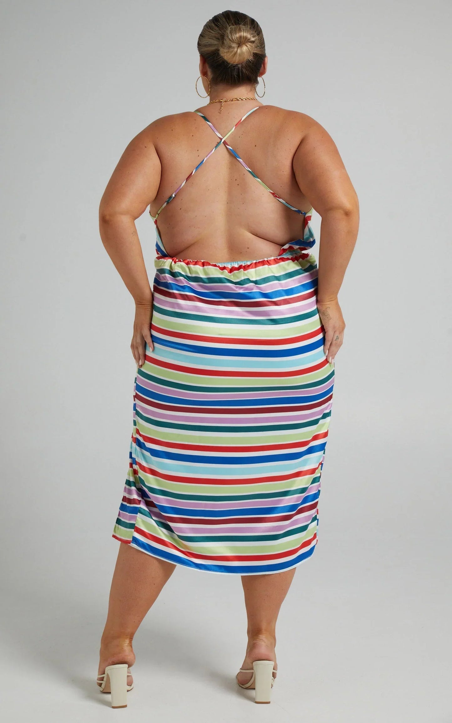 Fhel Midi Dress - Strappy Twist Front Dress in Multi Stripe Satin