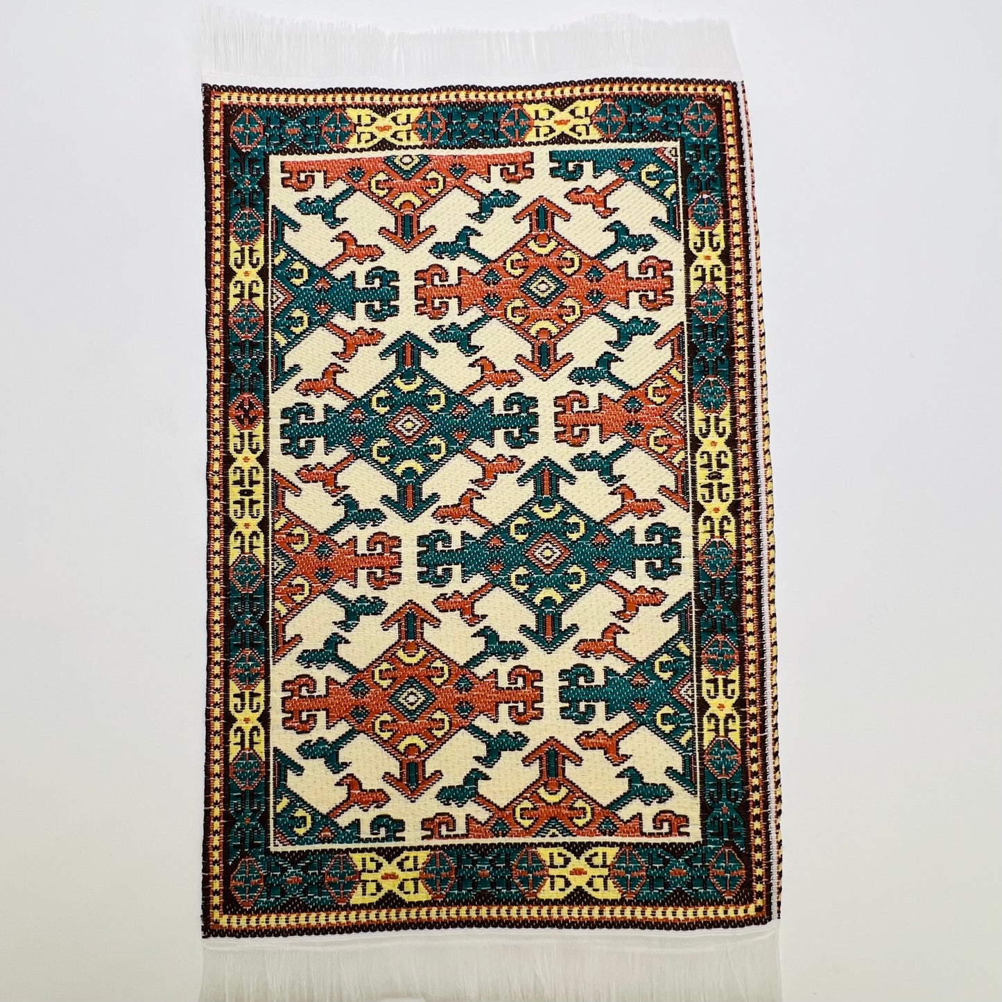 Small Woven Carpet - Green/Rust/Off White - Dollhouse Miniature