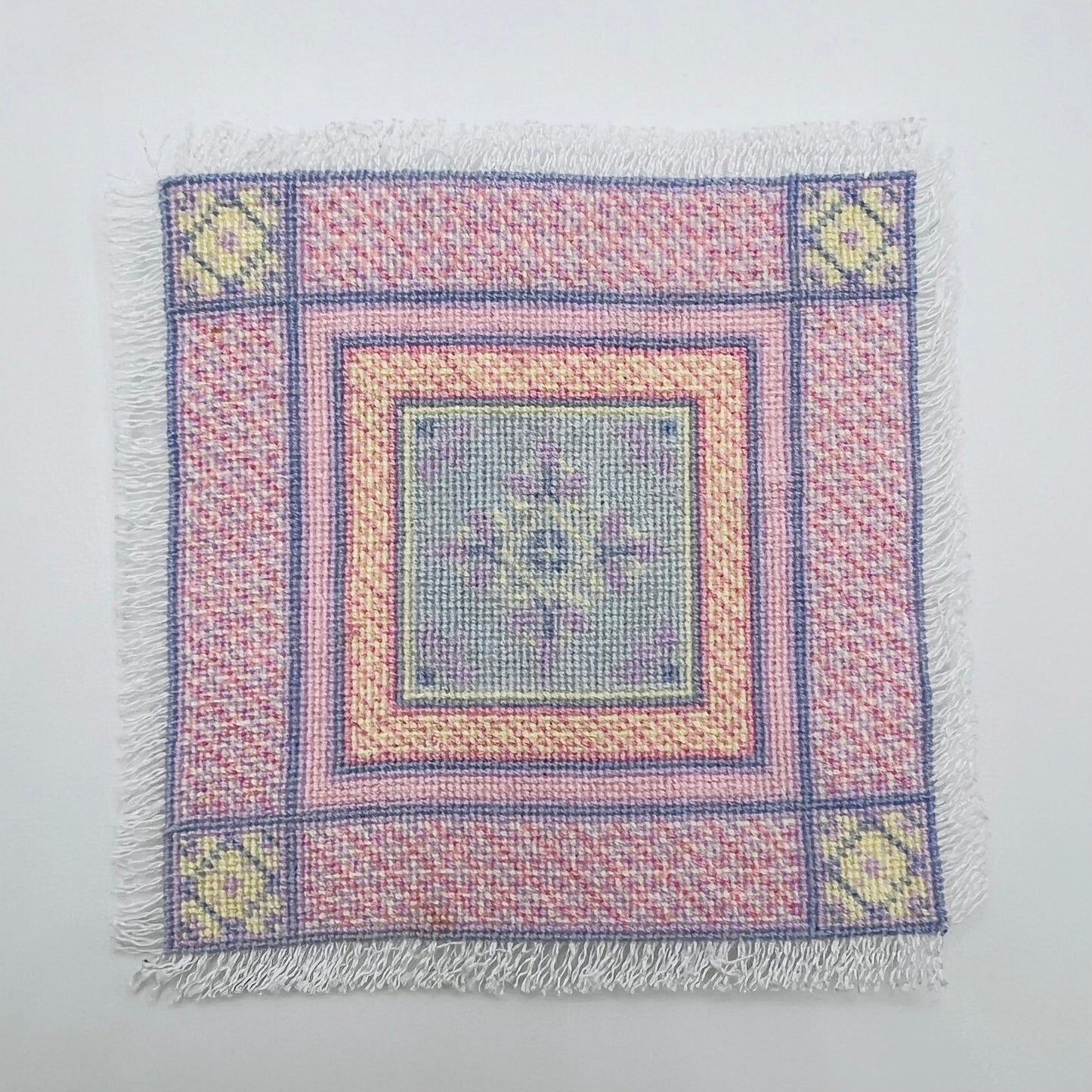 Handmade Cross-Stitched Small Pink Carpet - 1/12 Scale Dollhouse Miniature