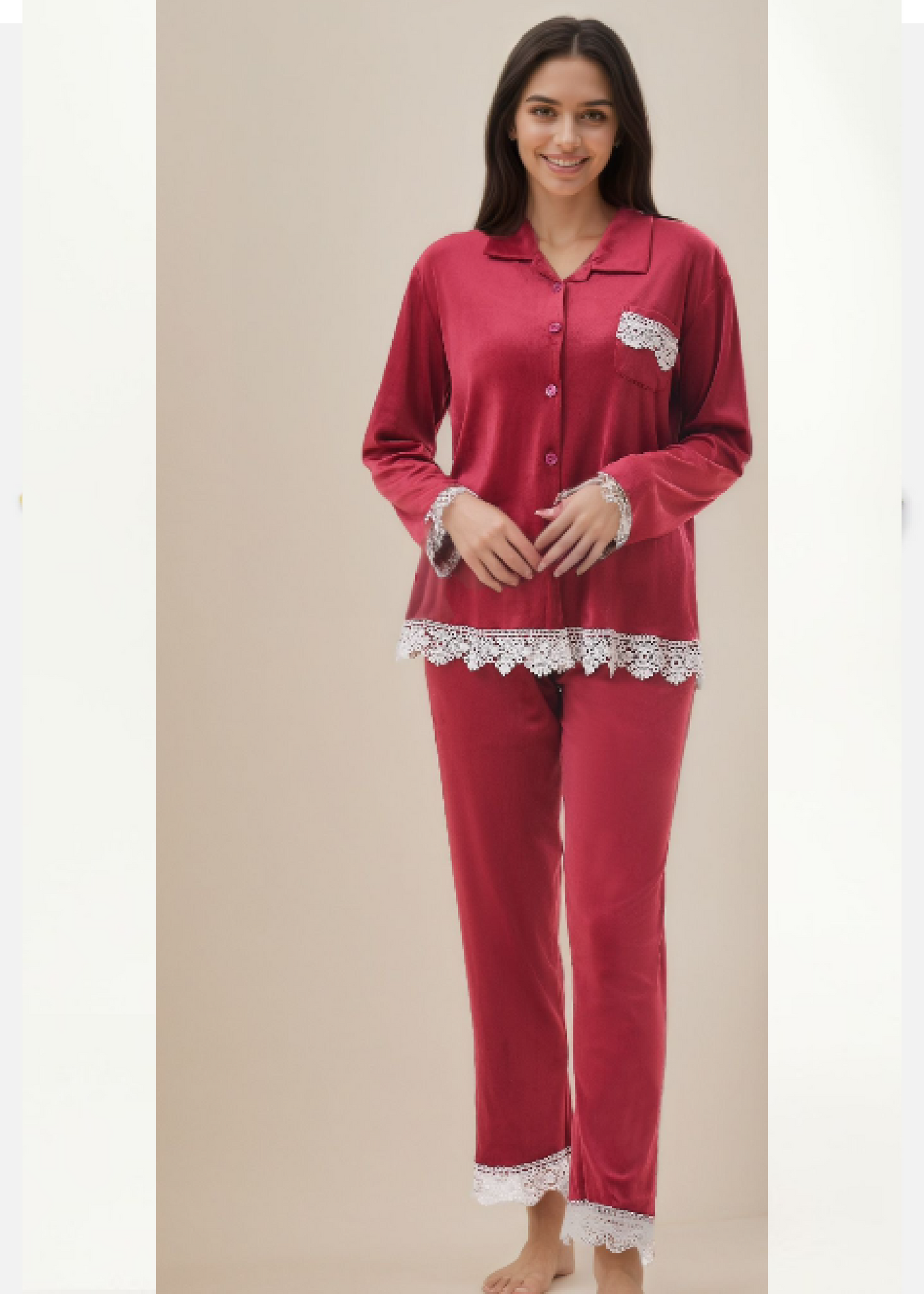Meriah Wine Lace Detail Velour Pajama