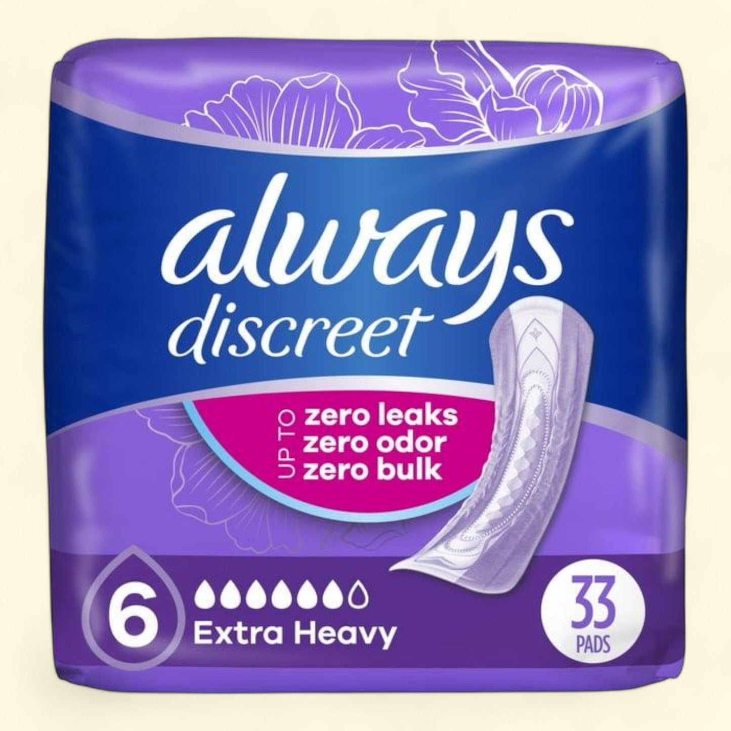 Always Discreet Incontinence Pads, Extra Heavy Absorbency, Regular, 33 Ct