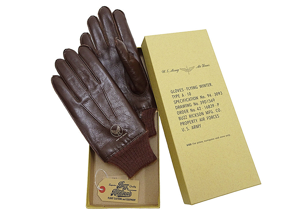 Buzz Rickson Men's Type A-10 Leather Gloves - U.S. Army Air Forces Reproduction - Made in Japan - (BR02835 02 Brown Leather with Brown Ribbed Knit Wrist Cuffs)