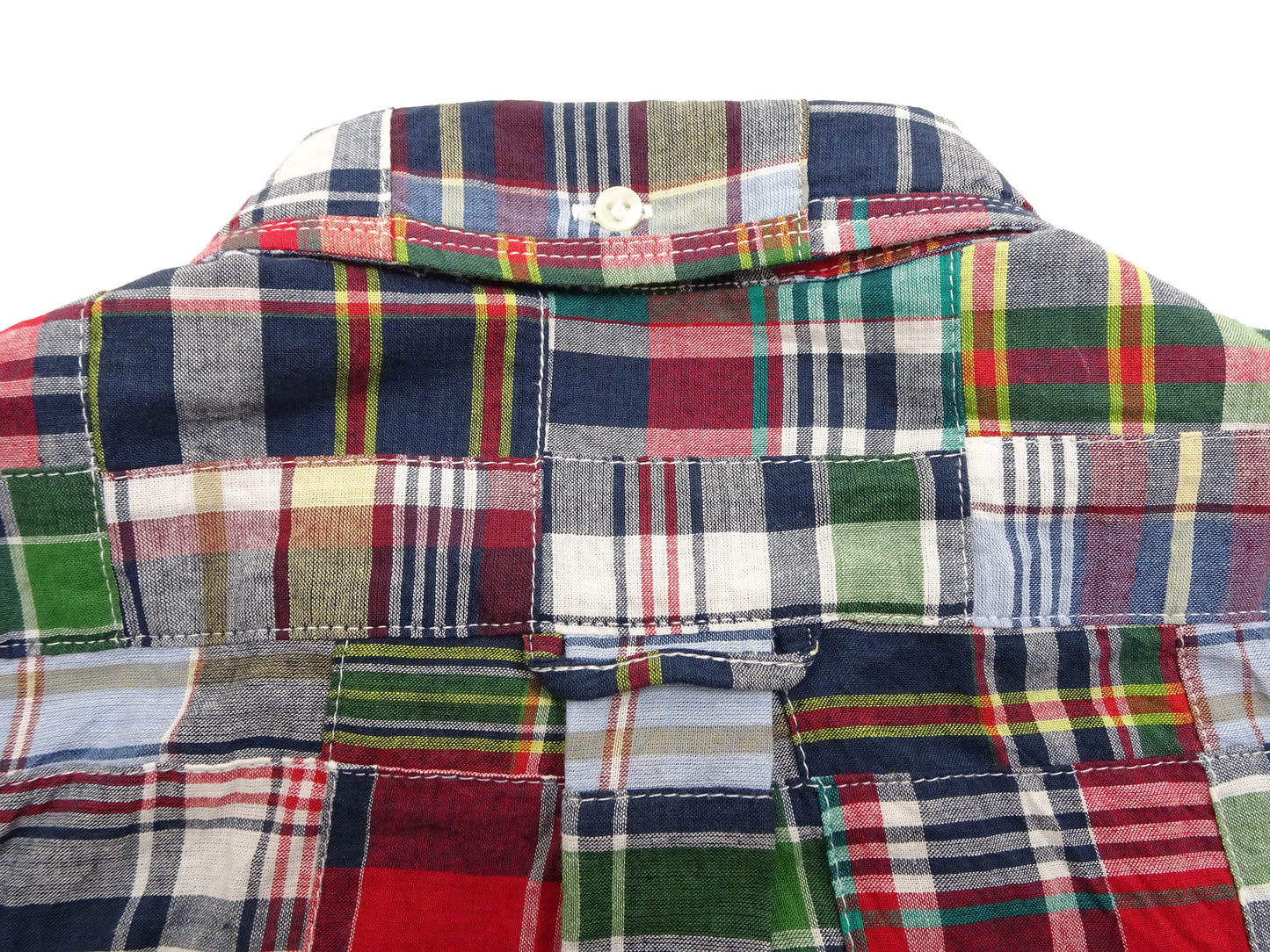 Sugar Cane Men's Long Sleeve Patchwork Madras Button-Down Shirt, Lightweight 100% Cotton Plaid, Made in Japan (SC29736 128 Navy Tone)
