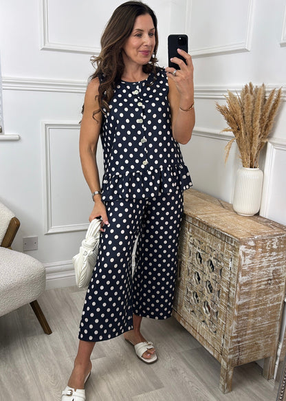 Olivia Polka Frill Hem Top Set Navy
