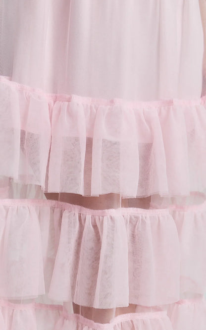 Evelynn Midi Dress - Sweetheart Corset Bodice Fit & Flare Tiered in Ballet Pink
