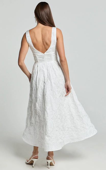 Georgine Midi Dress - Square Neck Fit and Flare Jacquard Dress in Ivory
