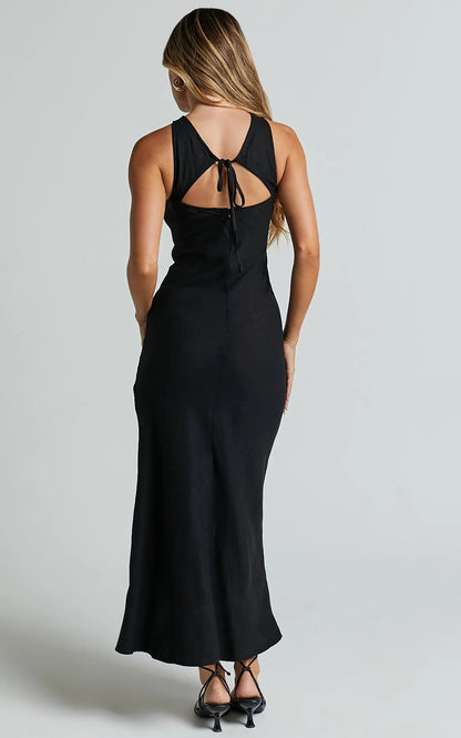 Fernley Midi Dress - Linen Racer Neck Slip Dress in Black