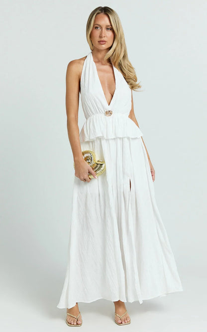 Heidi Maxi Dress - Deep V Plunge Halter Neck Brooch Detail Split Skirt Dress in White