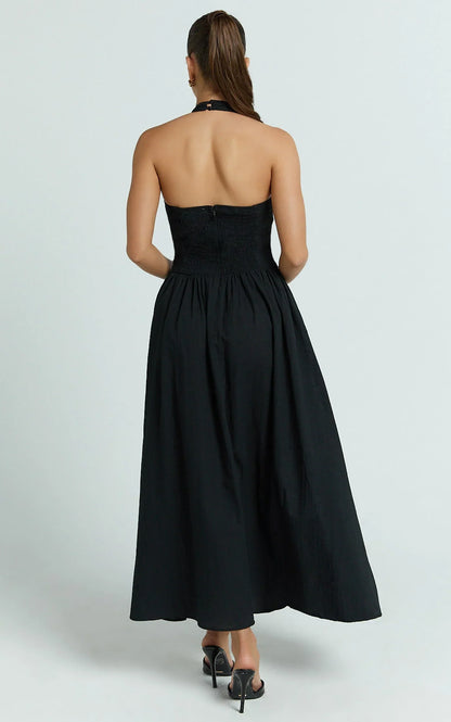 Athena Midi Dress - Halter Drop Waist Dress in Black