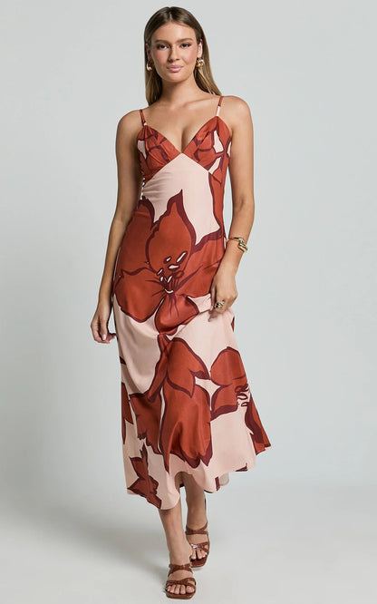 Brandi Midi Dress - Pleated Bodice Bias Slip Dress Dress in Hazel Garden Print