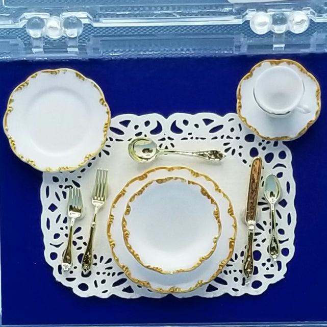 Single White Place Setting with Gold Trim - Plastic - 1/12 Scale Miniature