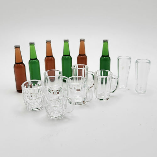 Collection of 6 Beer Bottles and 8 Mugs - 1/12 Scale Dollhouse Miniature