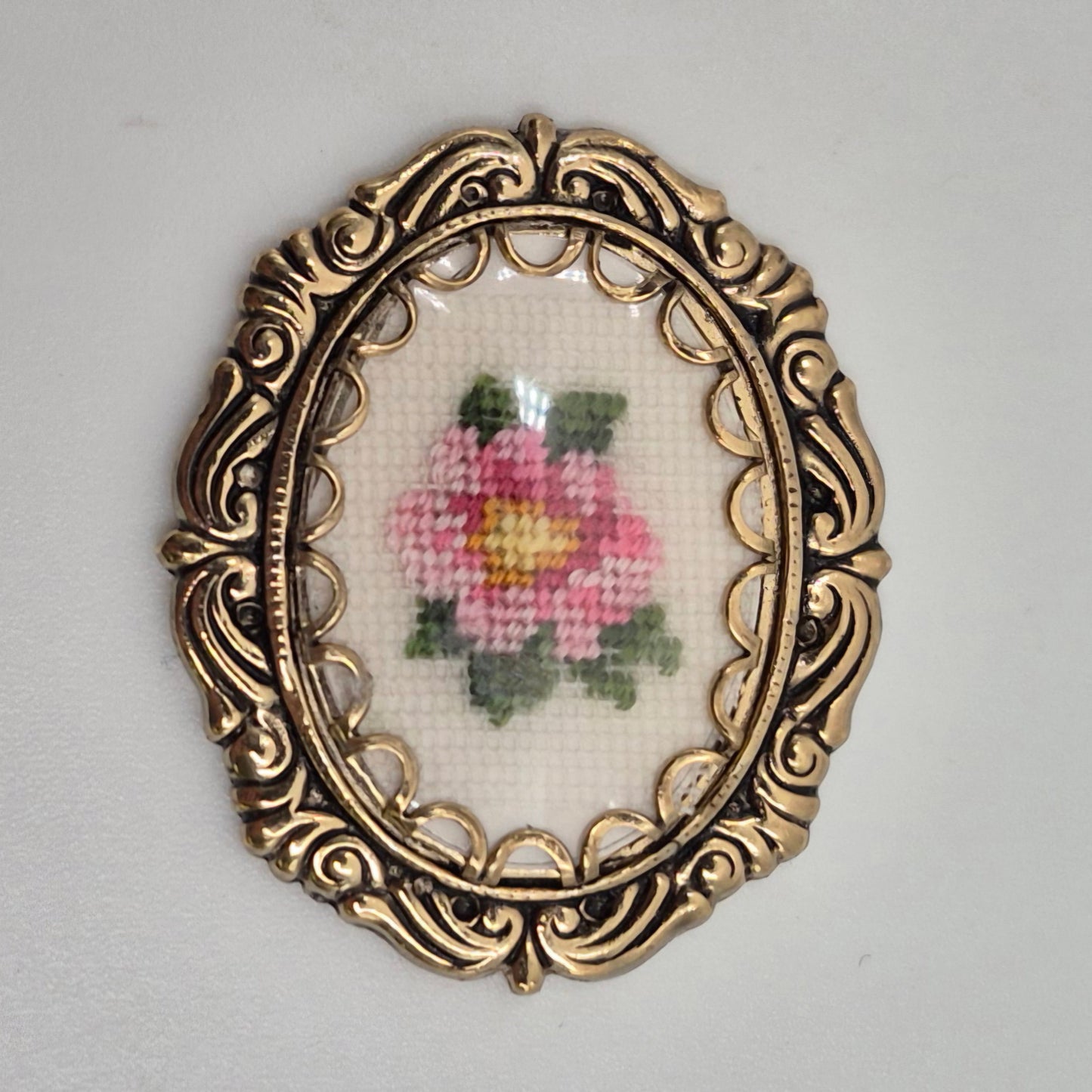 Petit Point Rose in Frame for Display - 1/12 Scale Dollhouse Miniature