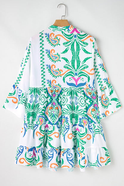 White Ethnic Print Boho Button Tiered Mini Dress