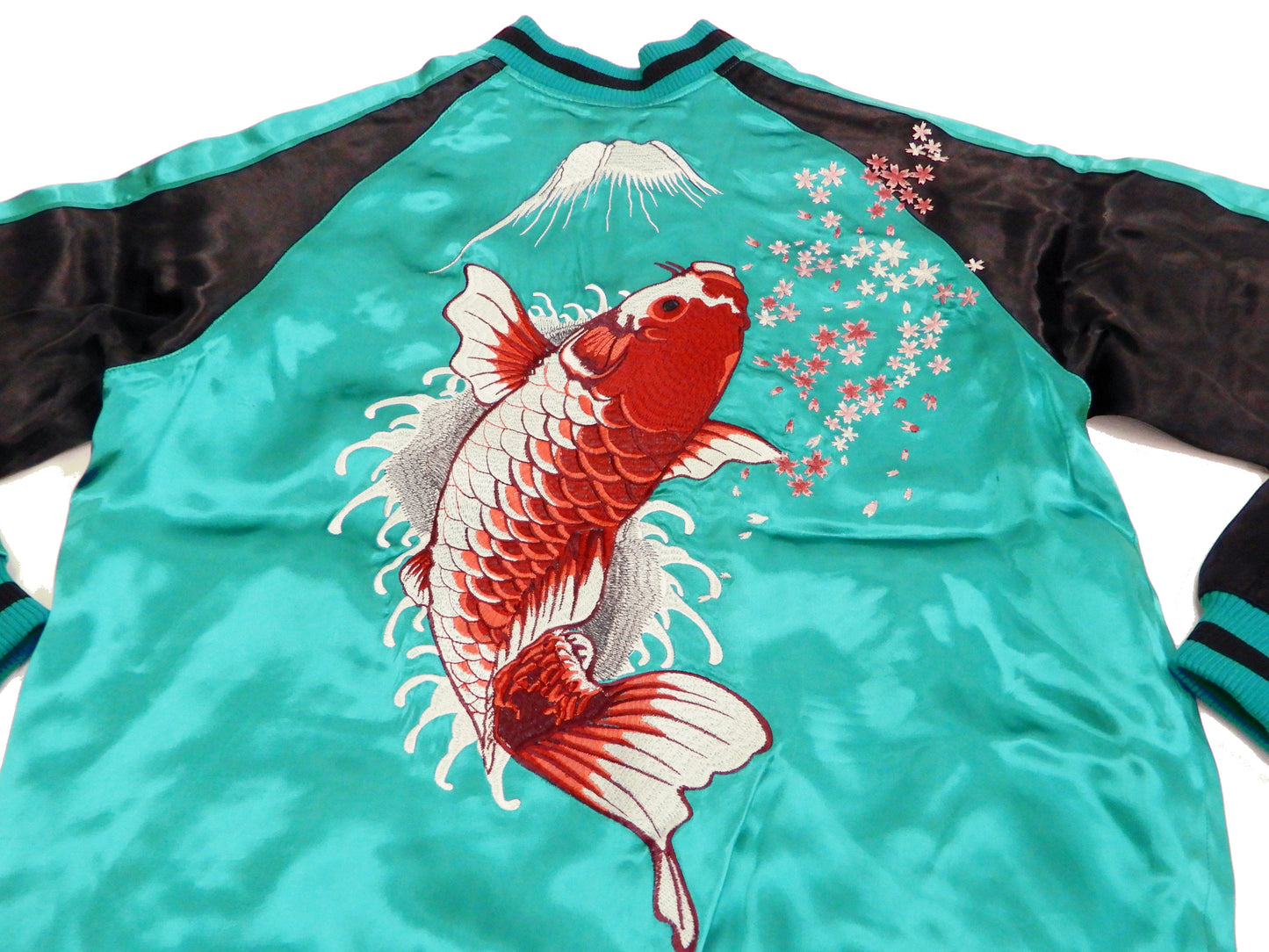 Japanesque Men's Japanese Souvenir Jacket koi fish Embroidered Sukajan 3RSJ-022 Blue-Green/Black