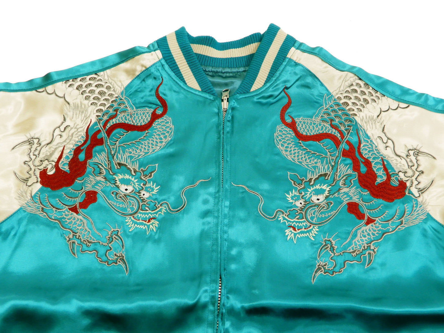 Japanesque Men's Japanese Souvenir Jacket Dragon Embroidered Sukajan 3RSJ-024 Blue-Green/Off