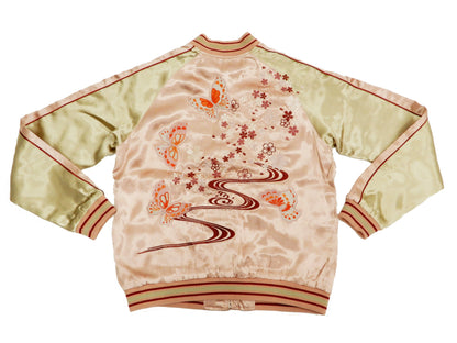 Japanesque Men's Japanese Souvenir Jacket Japanese Butterfly and Cherry Blossoms Sukajan 3RSJ-040 Pink/Beige