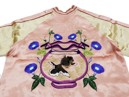 Japanesque Mens Japanese Souvenir Jacket Goldfish Bowl Sukajan 3RSJ-045 Pink/Beige