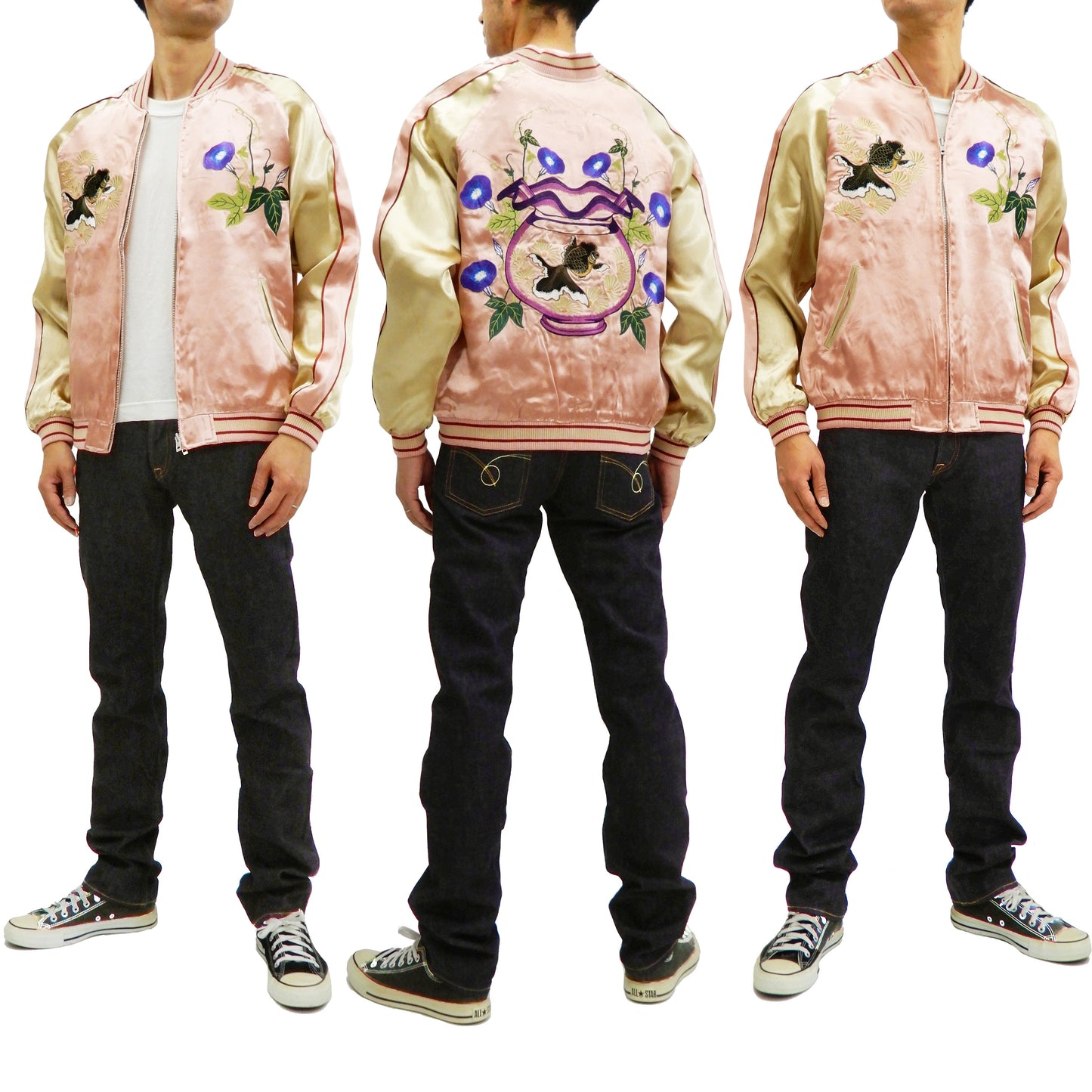 Japanesque Mens Japanese Souvenir Jacket Goldfish Bowl Sukajan 3RSJ-045 Pink/Beige