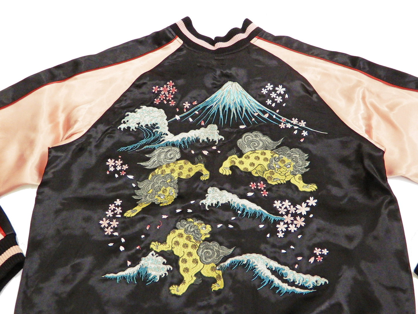 Japanesque Men's Japanese Souvenir Jacket Komainu Embroidered Sukajan 3RSJ-046 Black/Pink
