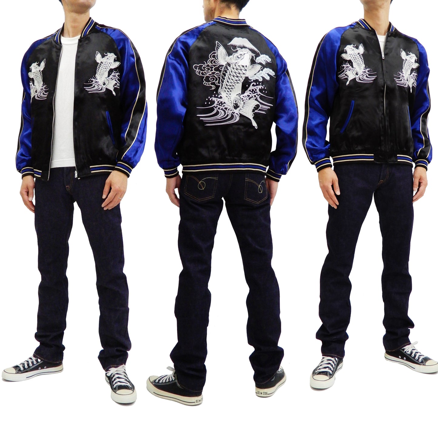 Japanesque Men's Japanese Souvenir Jacket Koi Fish Sukajan 3RSJ-047 Black/Navy-Blue