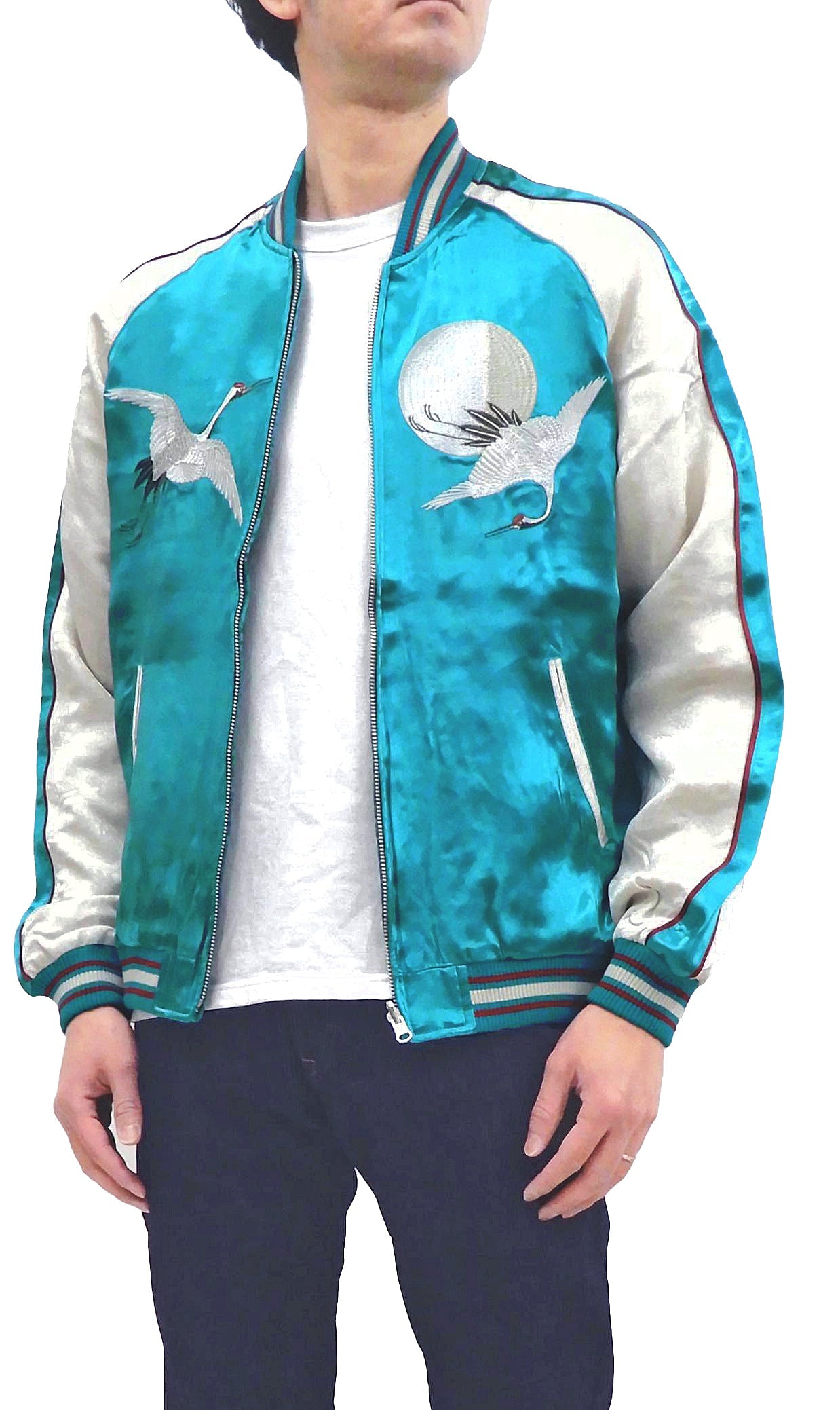 Japanesque Sukajan Jacket Men's Japanese Souvenir Jacket Japanese Crane 3RSJ-752 Blue-Green/Off