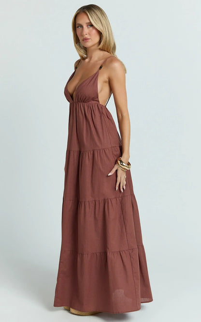 Eugene Maxi Dress - Beaded Strap Tiered Maxi Dress in Brown