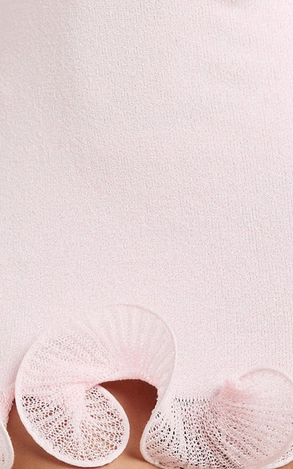 Estelle Mini Dress - Off Shoulder Long Sleeve Frilled Hem Fitted Dress in Baby Pink