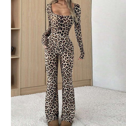 Women's Slim-fit Hip-wrapped Square Collar Leopard Print Jumpsuit