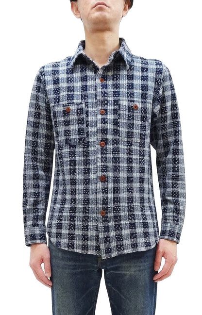 Studio D'Artisan Men's Indigo Plaid Long Sleeve Work Shirt Noragi Boro Sashiko Inspired Made in Japan (SDA 5737)