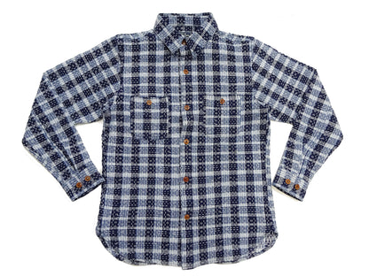 Studio D'Artisan Men's Indigo Plaid Long Sleeve Work Shirt Noragi Boro Sashiko Inspired Made in Japan (SDA 5737)