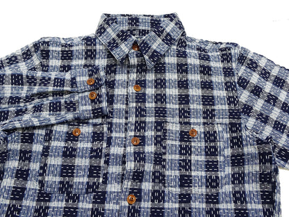 Studio D'Artisan Men's Indigo Plaid Long Sleeve Work Shirt Noragi Boro Sashiko Inspired Made in Japan (SDA 5737)