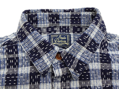 Studio D'Artisan Men's Indigo Plaid Long Sleeve Work Shirt Noragi Boro Sashiko Inspired Made in Japan (SDA 5737)