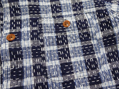 Studio D'Artisan Men's Indigo Plaid Long Sleeve Work Shirt Noragi Boro Sashiko Inspired Made in Japan (SDA 5737)
