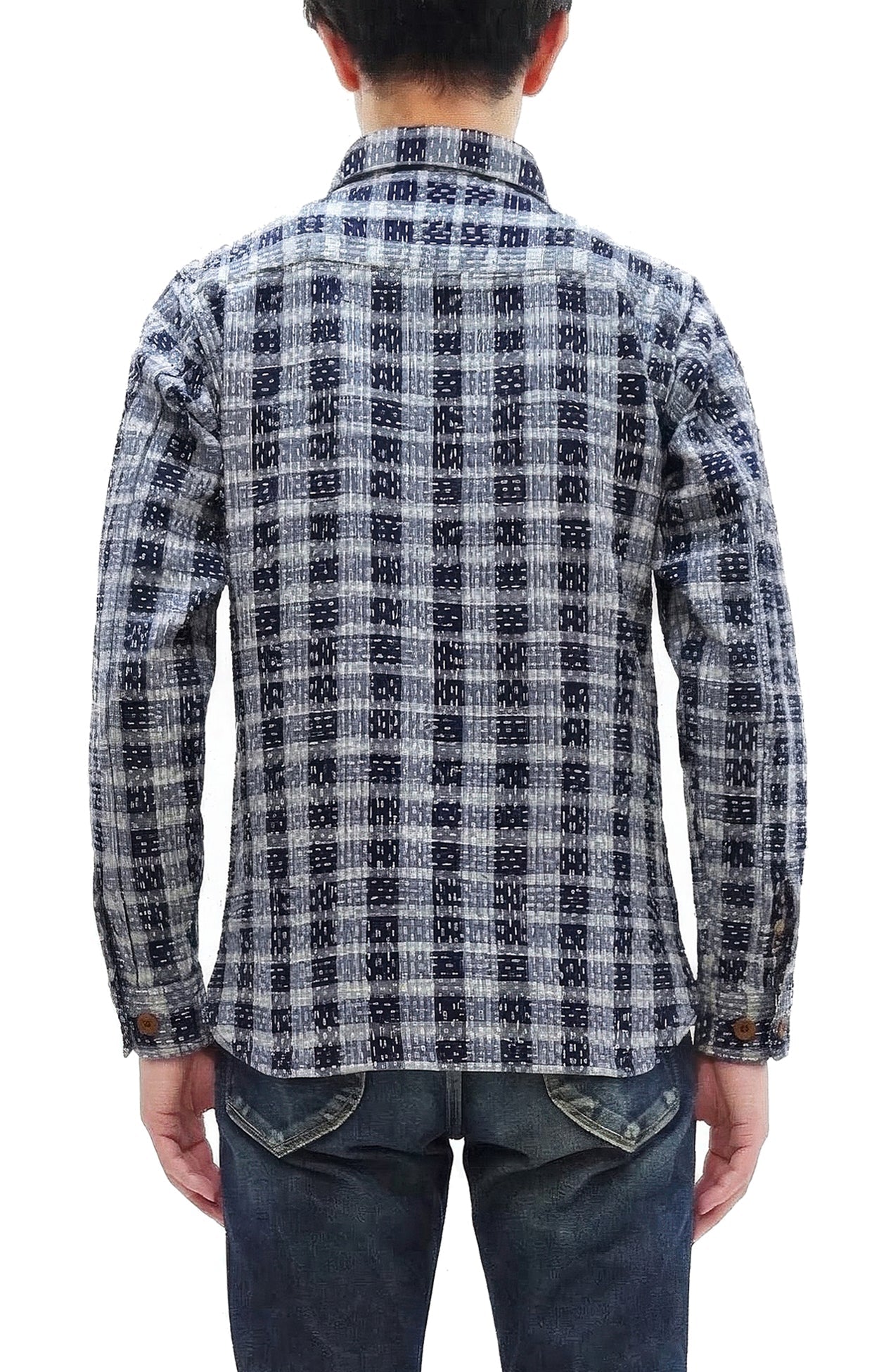 Studio D'Artisan Men's Indigo Plaid Long Sleeve Work Shirt Noragi Boro Sashiko Inspired Made in Japan (SDA 5737)