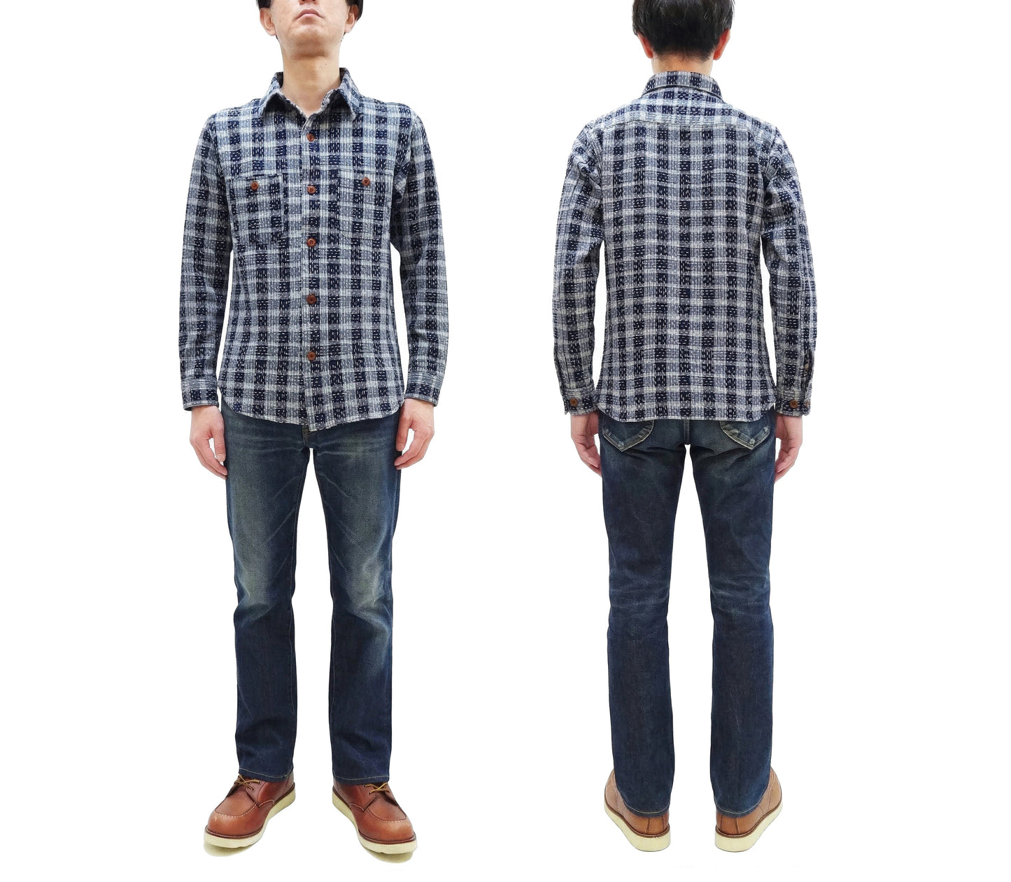 Studio D'Artisan Men's Indigo Plaid Long Sleeve Work Shirt Noragi Boro Sashiko Inspired Made in Japan (SDA 5737)