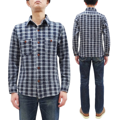 Studio D'Artisan Men's Indigo Plaid Long Sleeve Work Shirt Noragi Boro Sashiko Inspired Made in Japan (SDA 5737)