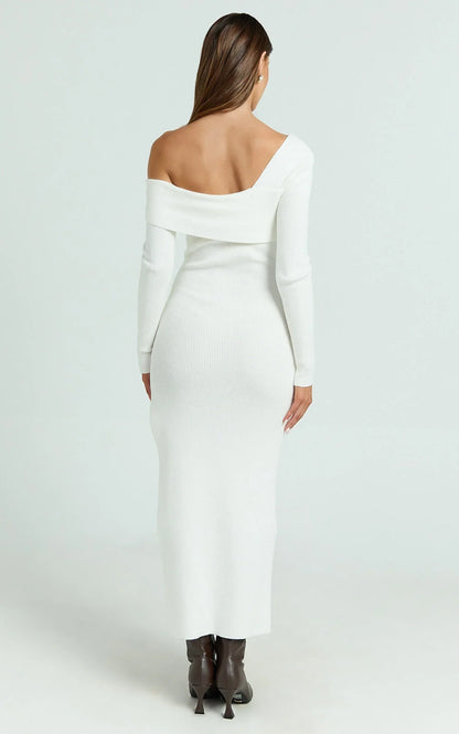 Gladys Maxi Dress - Asymmetric Shoulder Long Sleeve Knit Dress in Cream