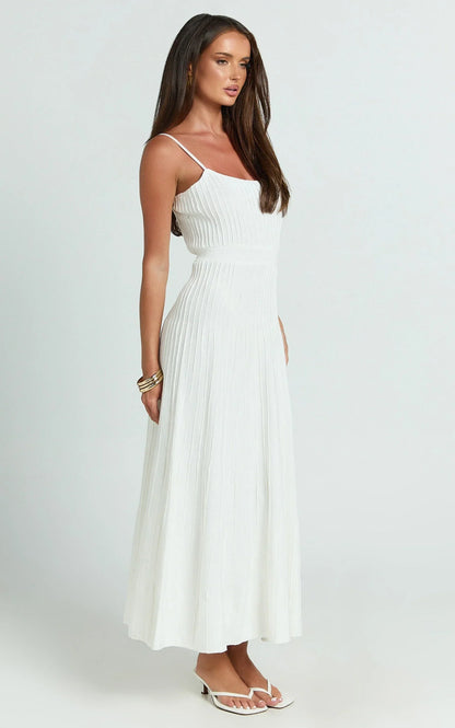 Donissa Midi Dress - Panelled Knit Dress in White