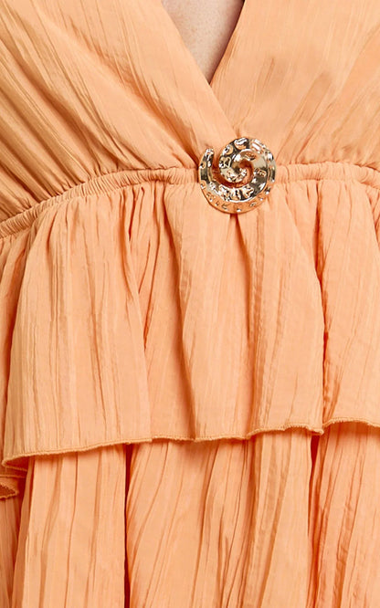 Heidi Mini Dress - Deep V Plunge Halter Neck Peplum Brooch Detail Fit And Flare Dress in Orange