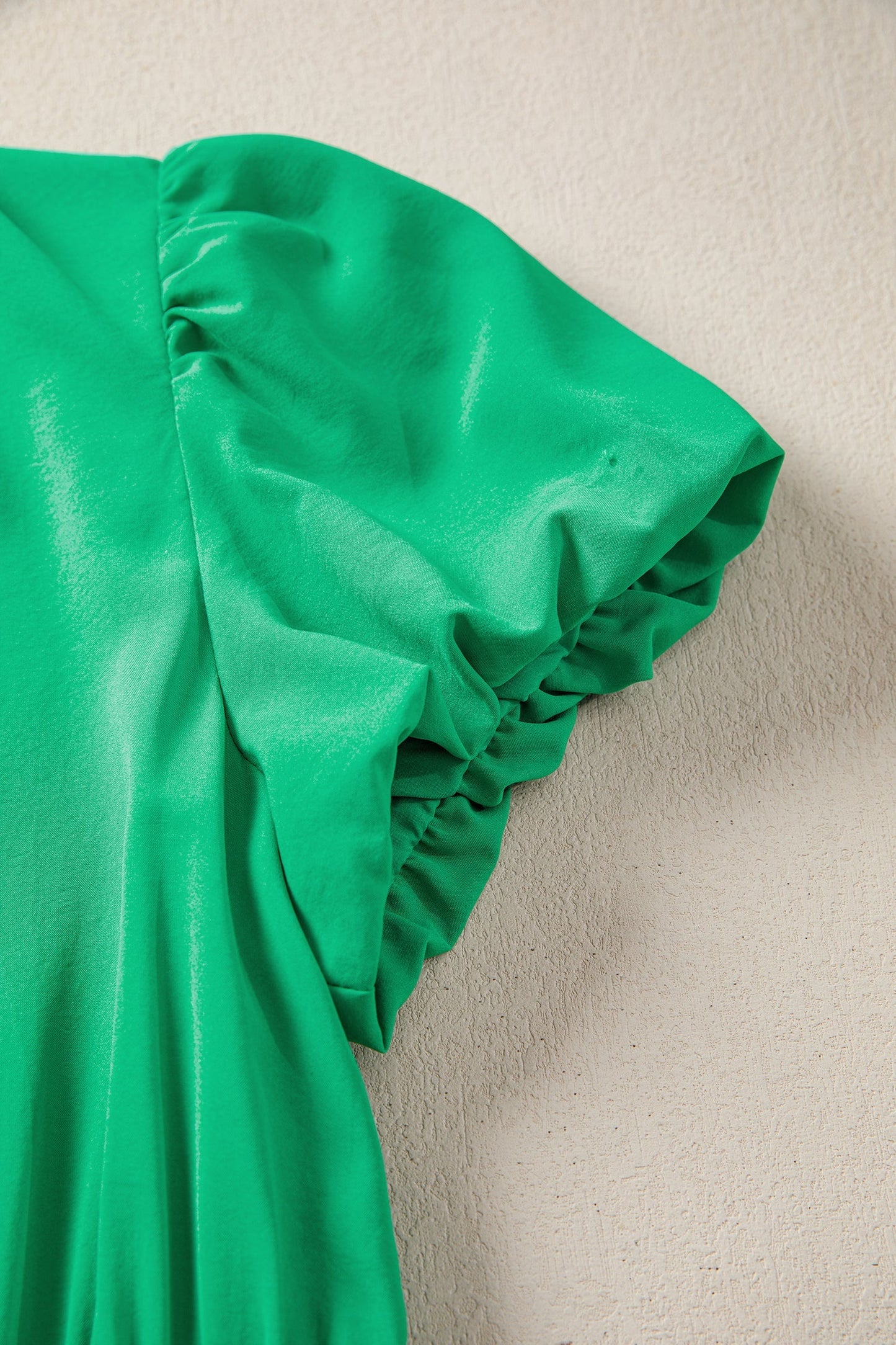 Bright Green Solid Color V Neck Short Puff Sleeve High Waist Tiered Maxi Dress