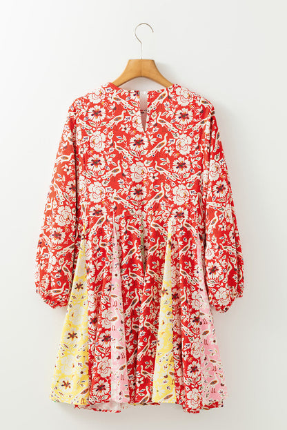 Red Colorful Floral Patchwork Long Sleeve Pleated Mini Dress
