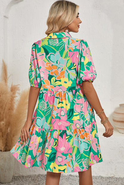 Pink Floral Puff Sleeve Collar Buttoned Babydoll Dress