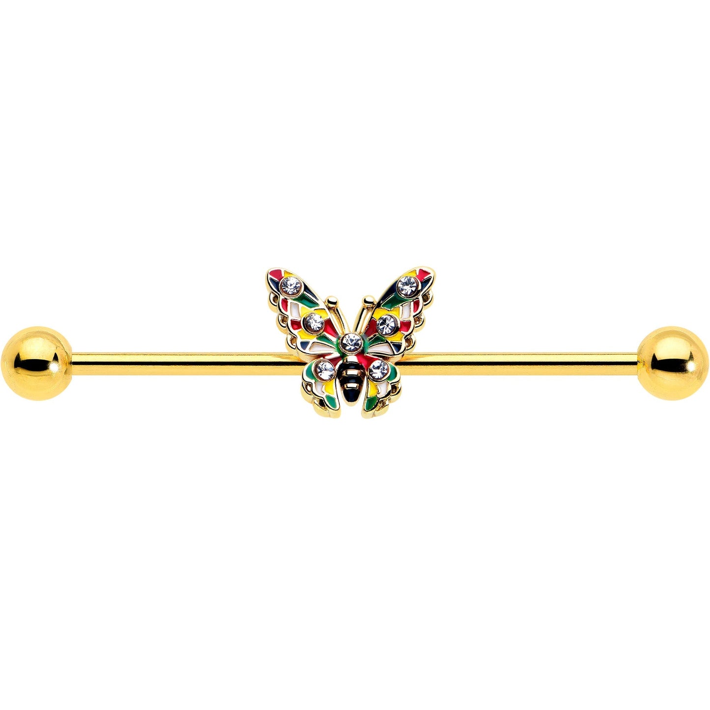 14G Clear Gem Gold Tone Color Block Butterfly Industrial Barbell 38mm
