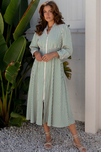 Black Stripe V Neck Zip Front Cinched High Waist Midi Dress