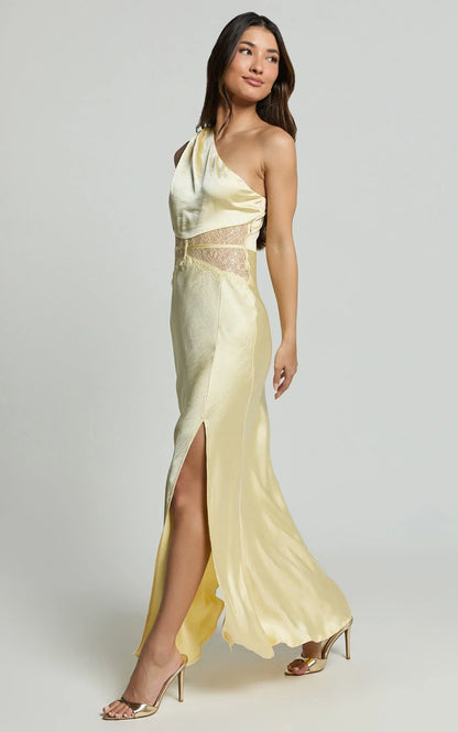 Estella Midi Dress - Asymmetrical Lace Detail Waist Slip Dress in Butter