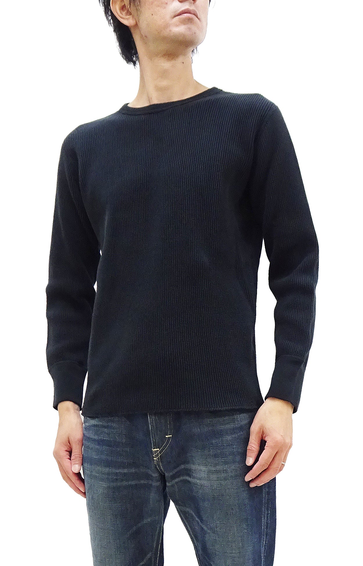 Studio D'Artisan Men's Heavyweight Waffle Knit Thermal Long Sleeve T-Shirt - 100% Cotton, Crew Neck, Ribbed Cuffs, Raw-edge hem, Made in Japan (SDA 9936) Black