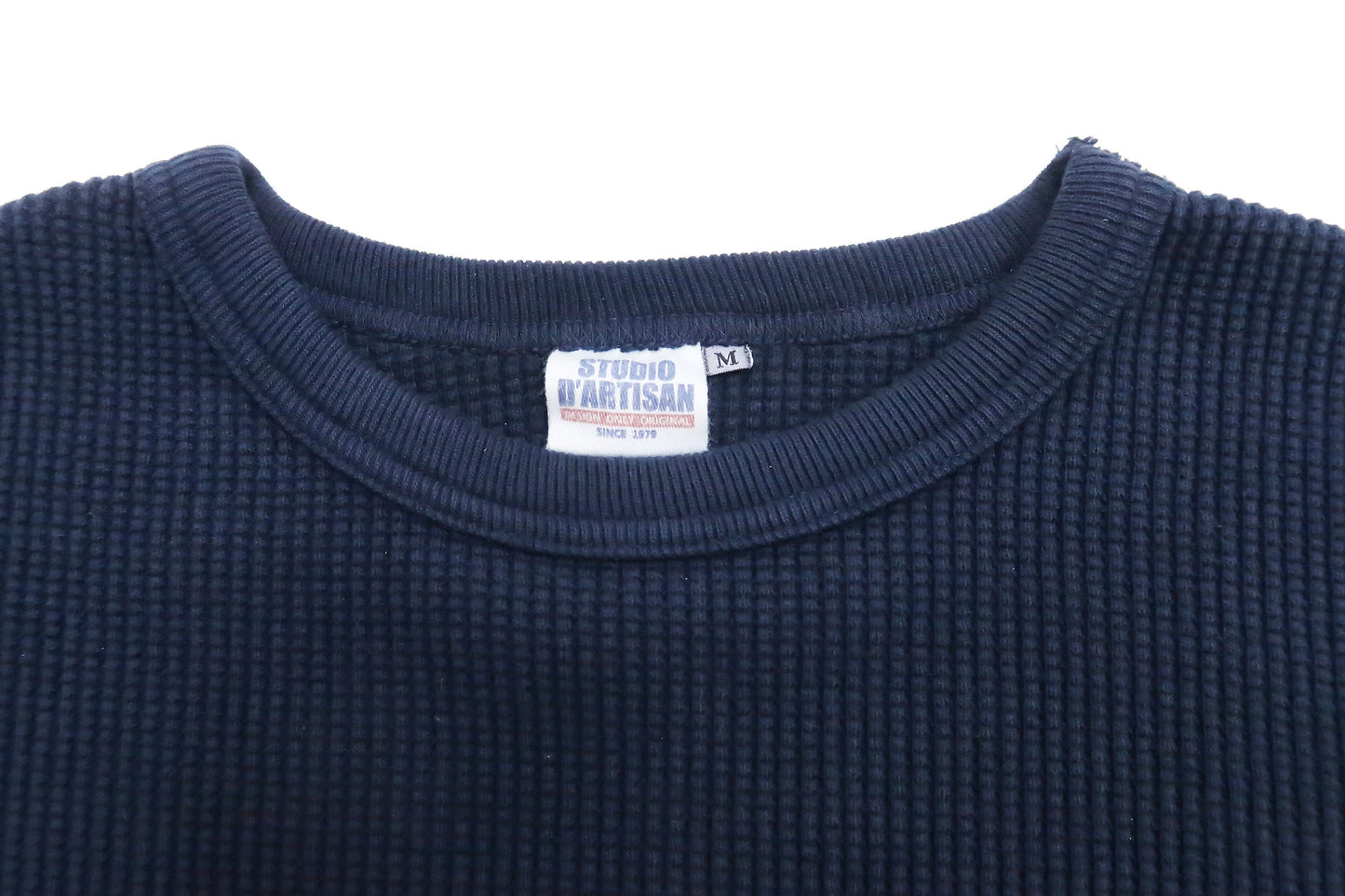 Studio D'Artisan Men's Heavyweight Waffle Knit Thermal Long Sleeve T-Shirt - 100% Cotton, Crew Neck, Ribbed Cuffs, Raw-edge hem, Made in Japan (SDA 9936) Navy-Blue