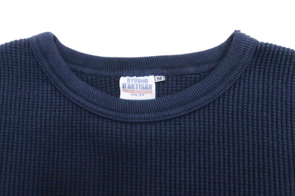 Studio D'Artisan Men's Heavyweight Waffle Knit Thermal Long Sleeve T-Shirt - 100% Cotton, Crew Neck, Ribbed Cuffs, Raw-edge hem, Made in Japan (SDA 9936) Navy-Blue