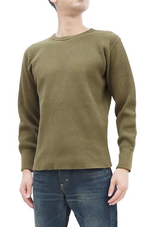 Studio D'Artisan Men's Heavyweight Waffle Knit Thermal Long Sleeve T-Shirt - 100% Cotton, Crew Neck, Ribbed Cuffs, Raw-edge hem, Made in Japan (SDA 9936) Khaki
